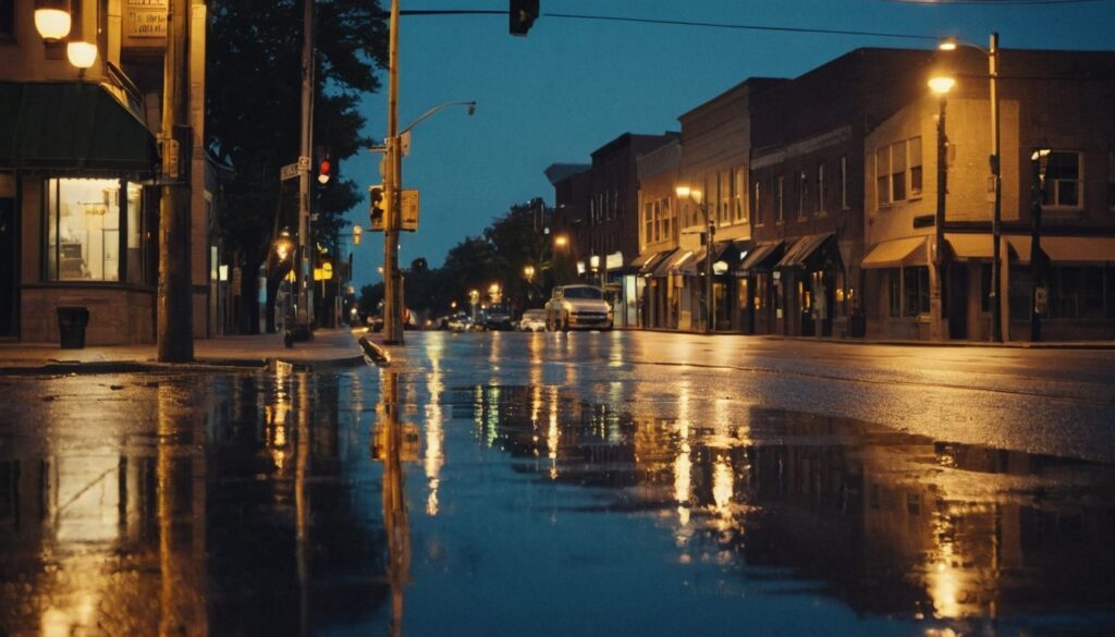Quiet city street corner at blue hour with a streetlight reflected on wet asphalt