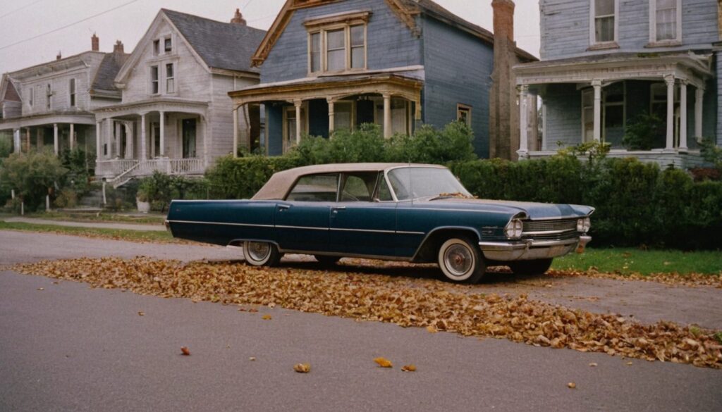 Old car parked at the kerb of a residential street, covered in fallen leaves