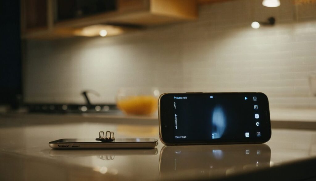 A smartphone on a kitchen counter at night, lit by a single warm lamp