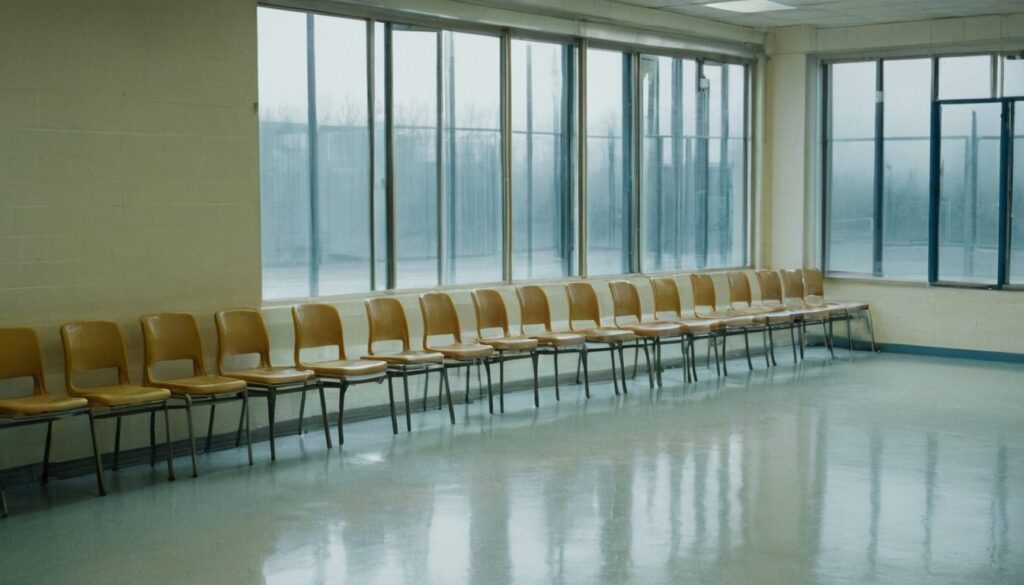 Empty institutional waiting area with rows of chairs and a closed service window
