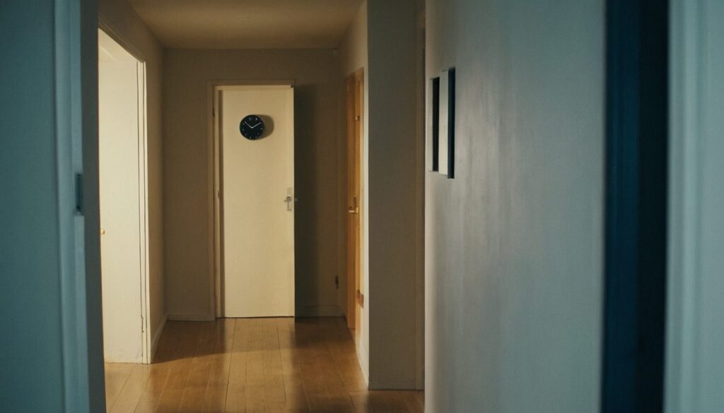 A wall clock in an empty domestic hallway at dusk