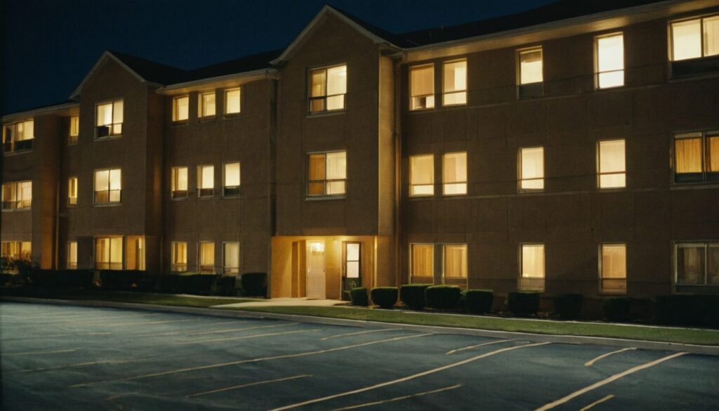The facade of a suburban apartment block at night with a few windows lit