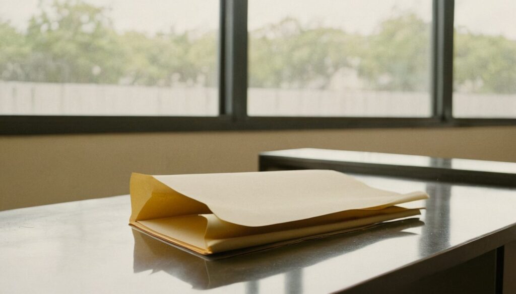 A manila folder with loose papers and a pen resting on a public service counter