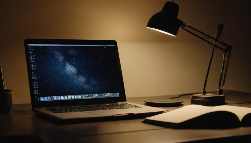 Open laptop on a desk at night lit by a single warm desk lamp