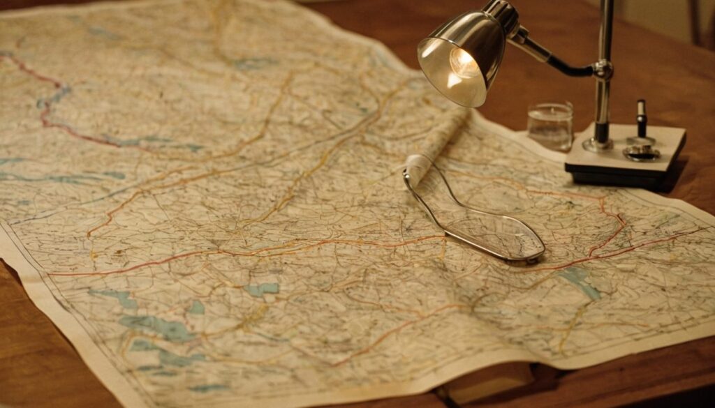 A folded paper road map spread on a table with a magnifying glass on top