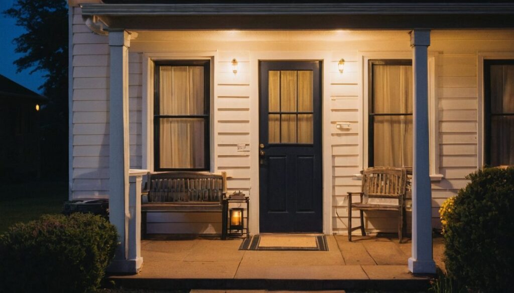 Front porch of a suburban house at dusk with the porch light on and unopened mail on the doormat